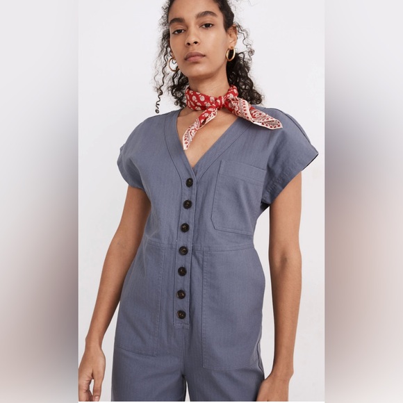 Madewell XS Cap sleeve jumpsuit blue short sleeve spring cotton blend - Picture 3 of 9